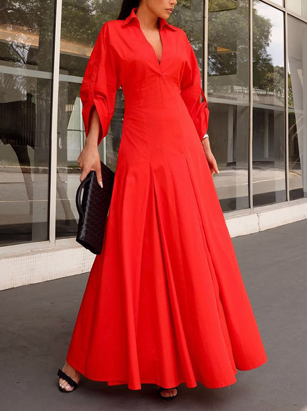 High-Waisted A-Line Pleated Maxi Shirt Dress