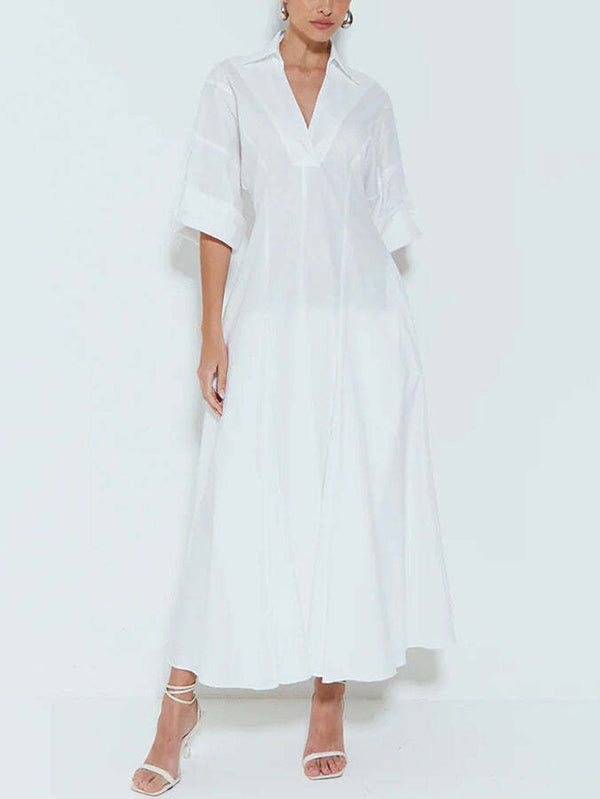High-Waisted A-Line Pleated Maxi Shirt Dress