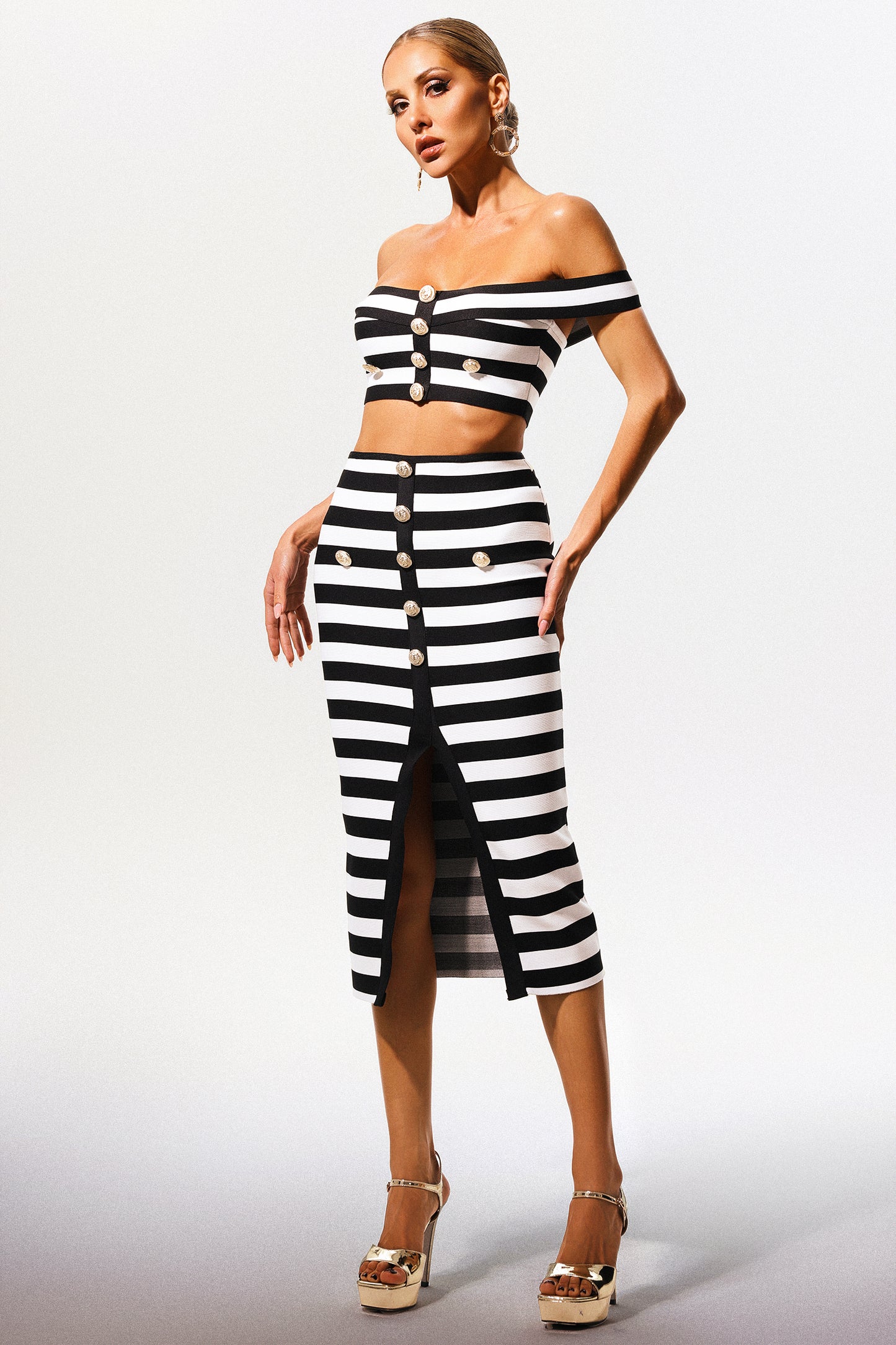 Lesa-Cut-Out Detail Off-the-Shoulder Two-Piece Midi Set