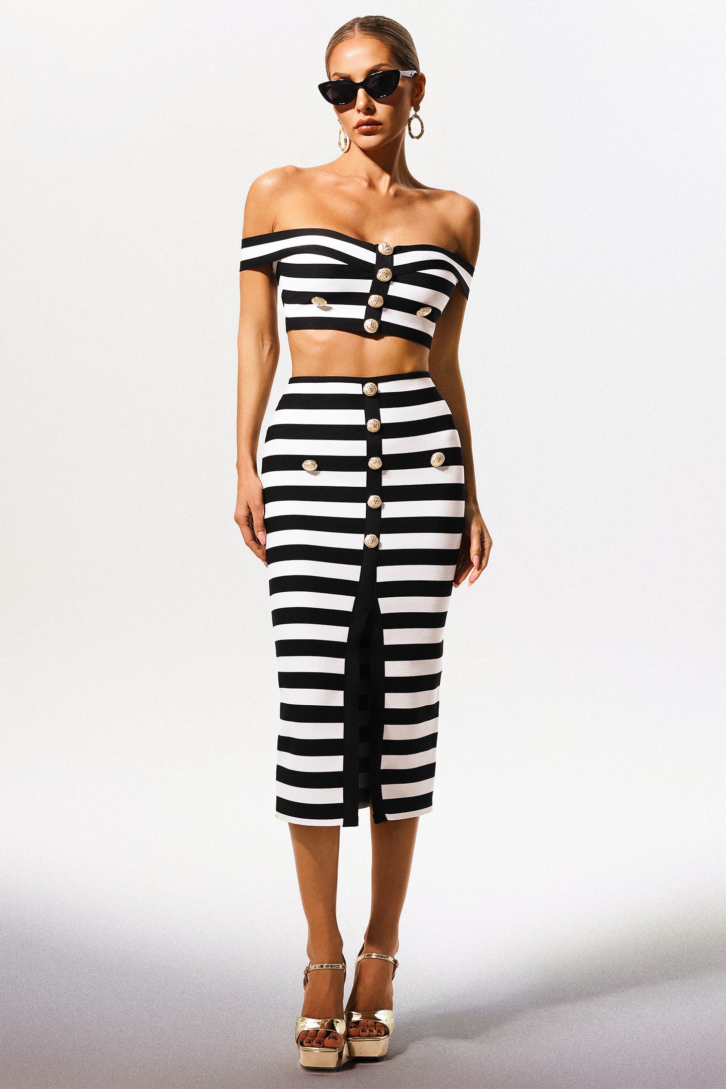 Lesa-Cut-Out Detail Off-the-Shoulder Two-Piece Midi Set