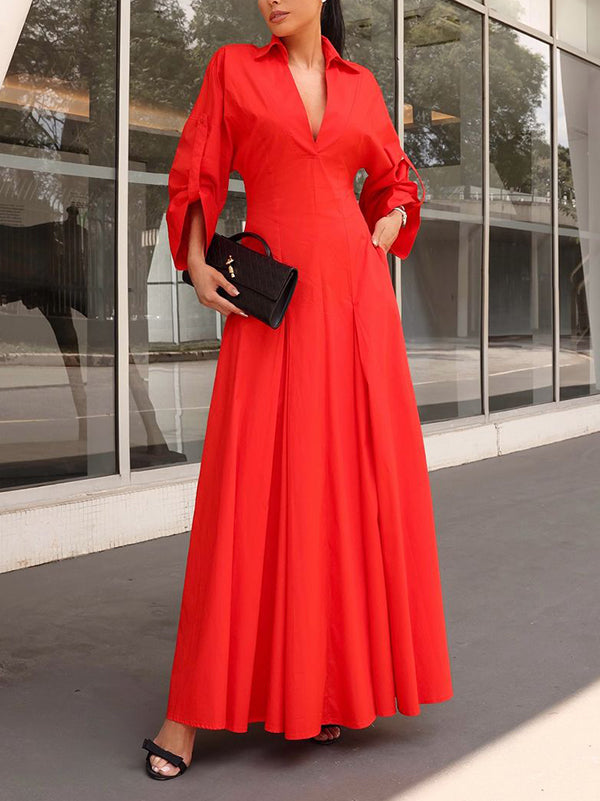 High-Waisted A-Line Pleated Maxi Shirt Dress