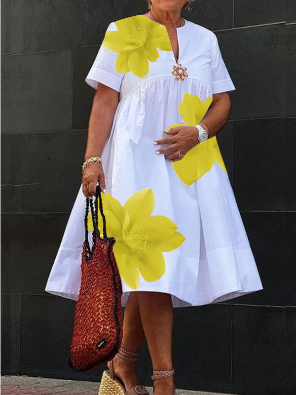 Beth-A-Line Loose Flower Print Pleated V-Neck Midi Dresses