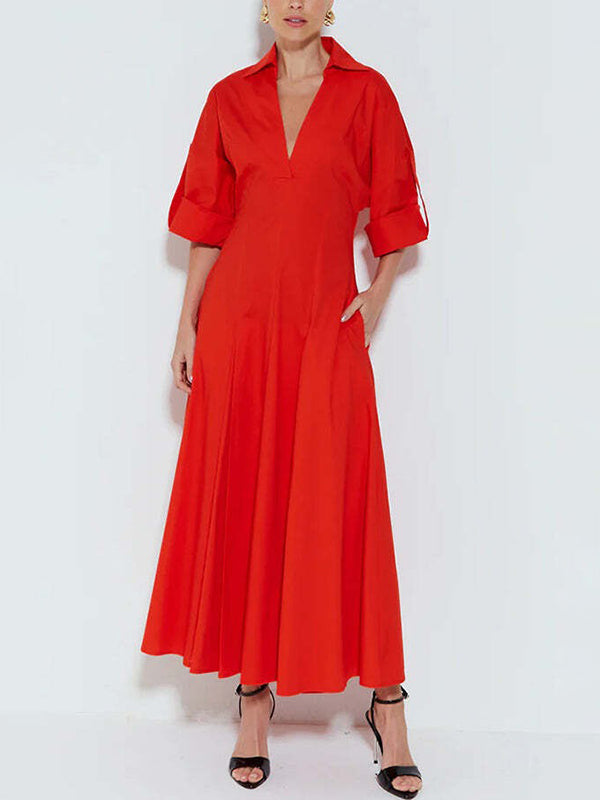 High-Waisted A-Line Pleated Maxi Shirt Dress