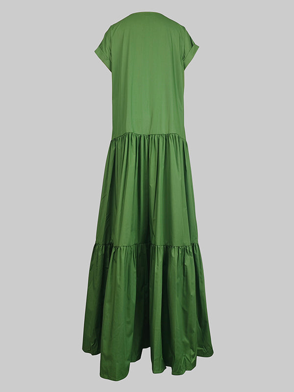 Loose V-Neck Pleated Maxi Dress with Pockets