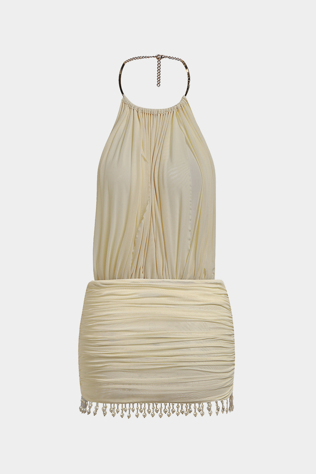 Pearl Ruched Mesh Halter Mini Dress