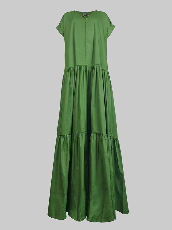 Loose V-Neck Pleated Maxi Dress with Pockets