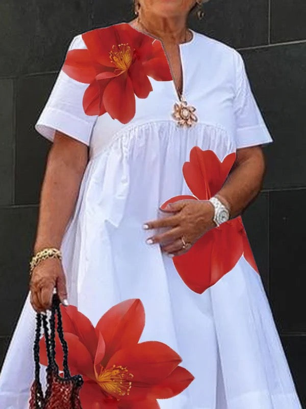 Beth-A-Line Loose Flower Print Pleated V-Neck Midi Dresses