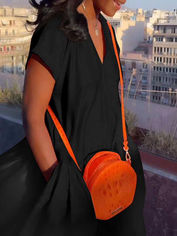 Loose V-Neck Pleated Maxi Dress with Pockets