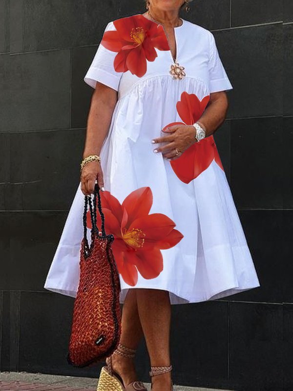 Beth-A-Line Loose Flower Print Pleated V-Neck Midi Dresses