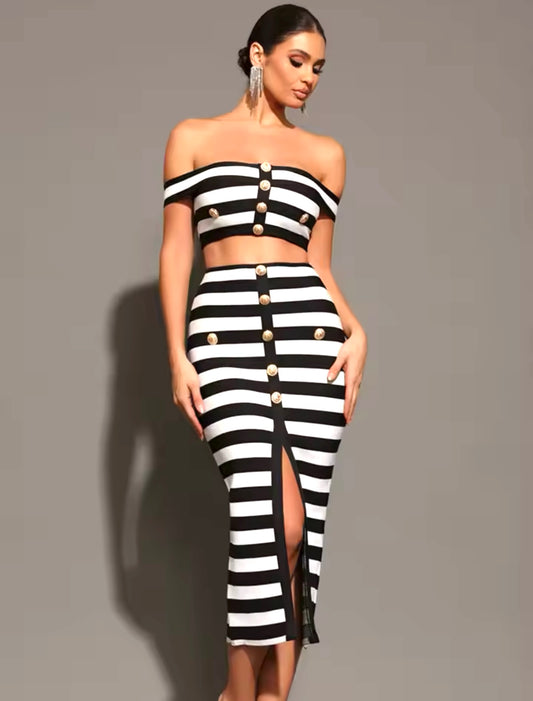 Lesa-Cut-Out Detail Off-the-Shoulder Two-Piece Midi Set