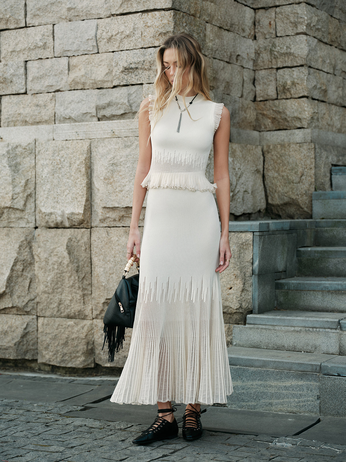 Dana-Pleated Skirt with Mesh Panel Detail