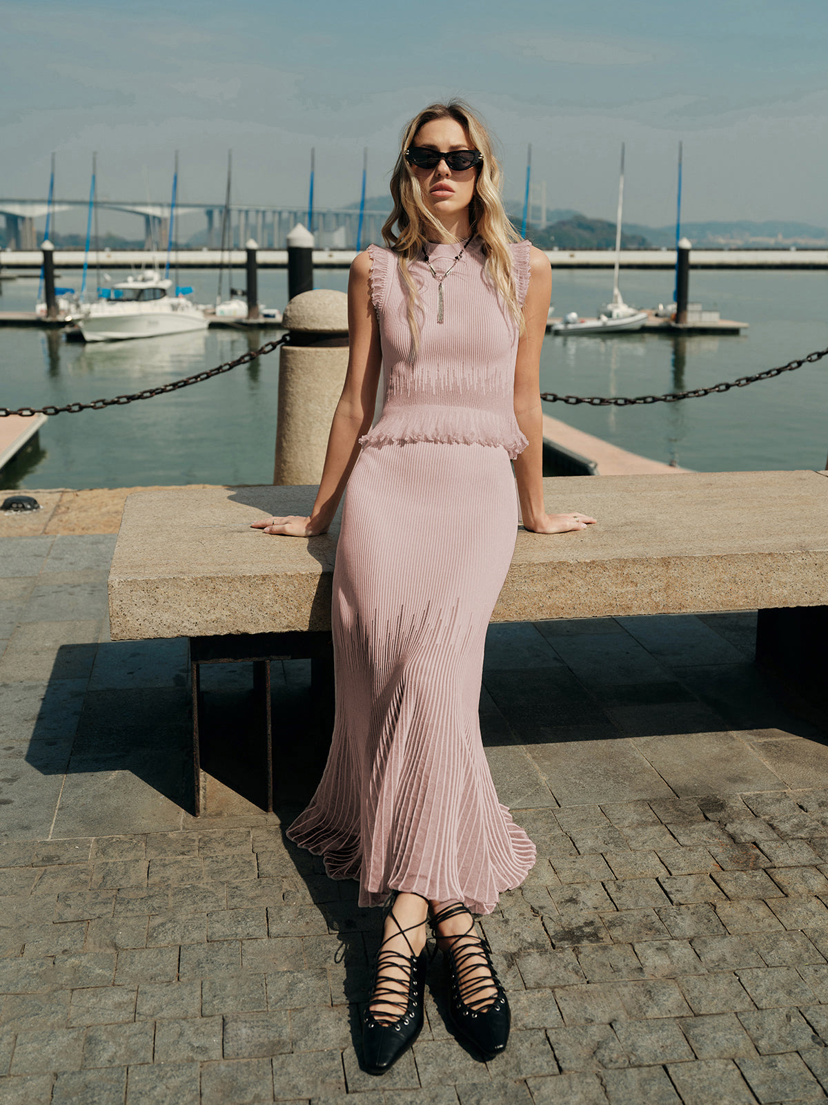 Dana-Pleated Skirt with Mesh Panel Detail