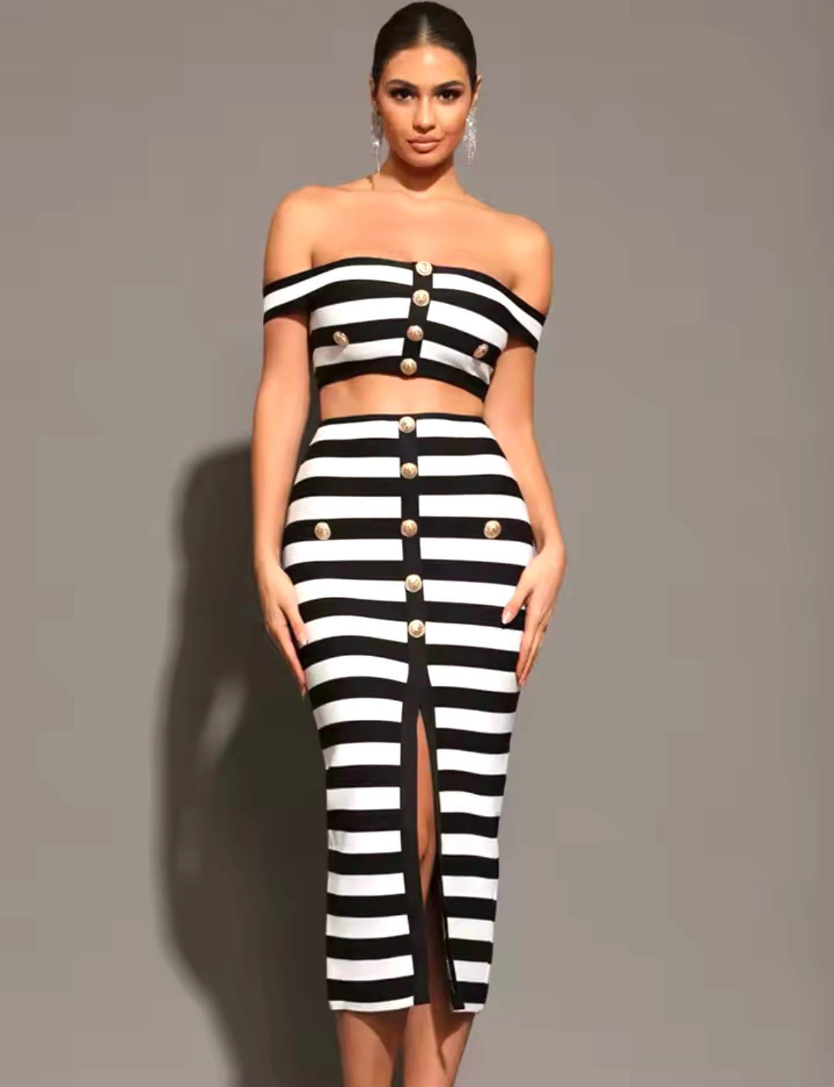 Lesa-Cut-Out Detail Off-the-Shoulder Two-Piece Midi Set