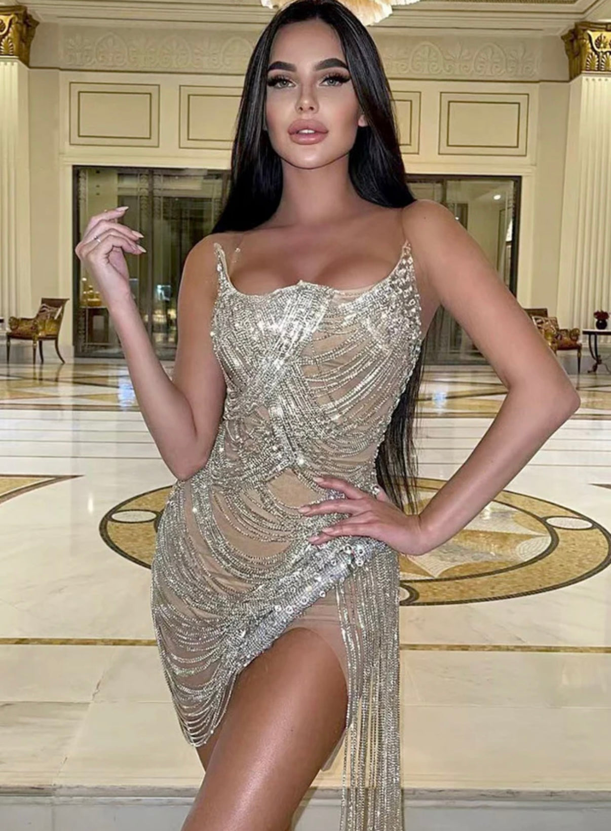 Talia-Rhinestone Corset Fringed Dress