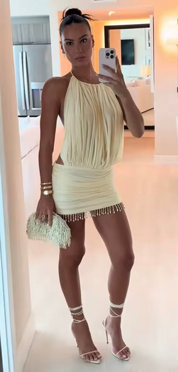 Pearl Ruched Mesh Halter Mini Dress