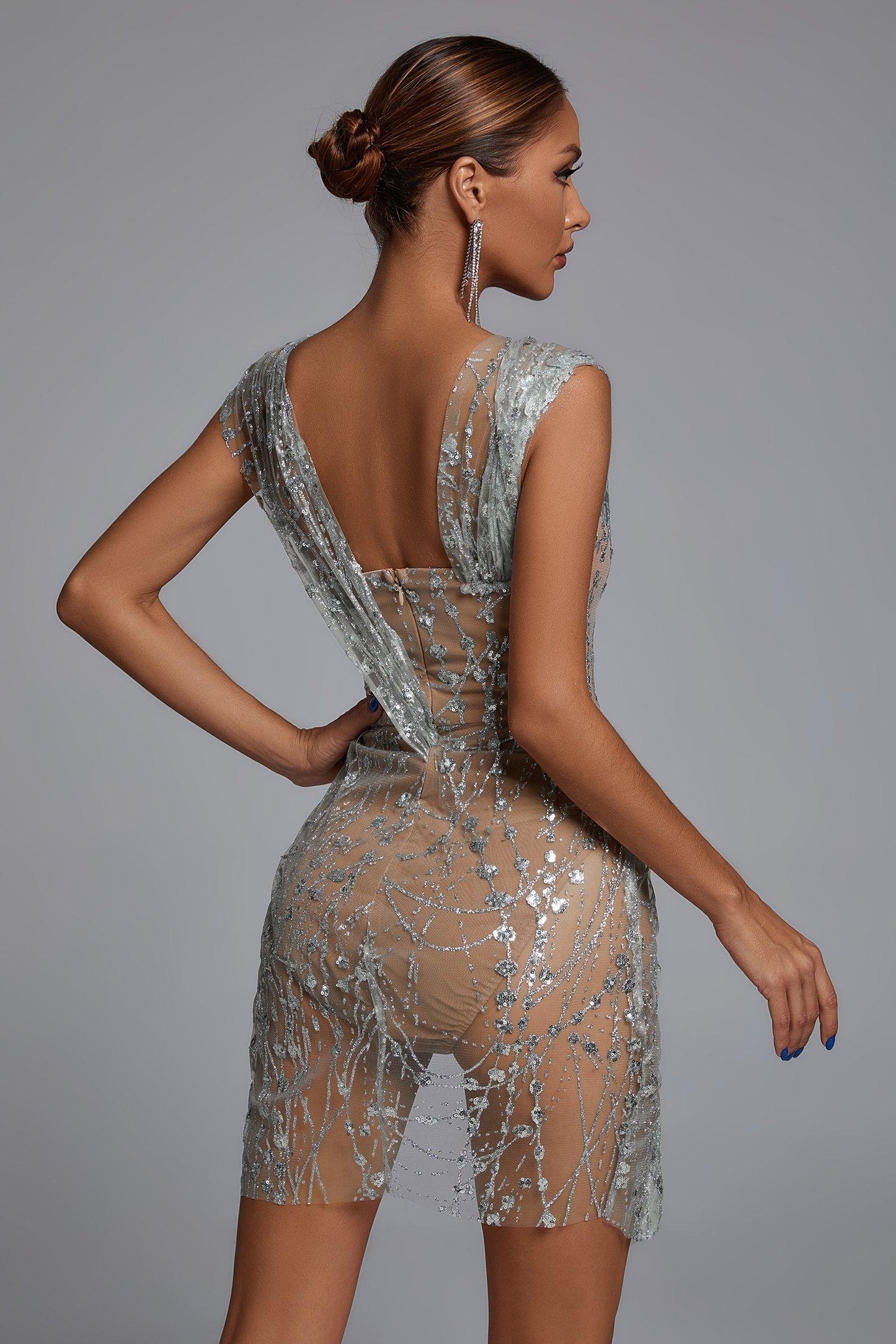 Delila- Silver Glitter Mesh Mini Dress