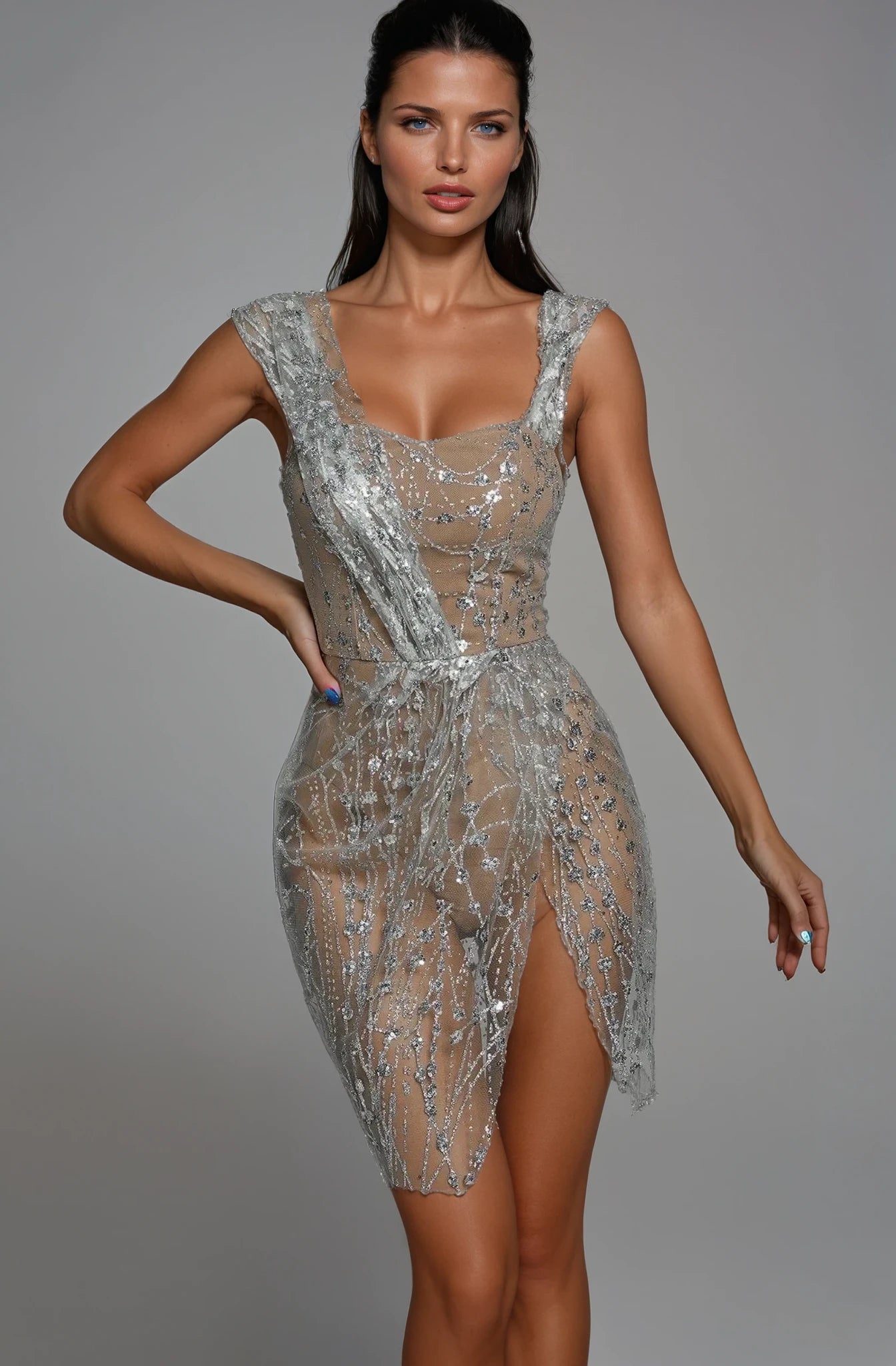 Delila- Silver Glitter Mesh Mini Dress