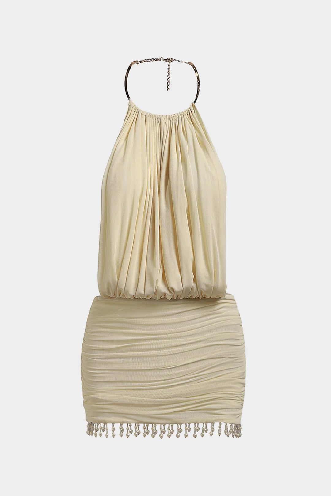 Pearl Ruched Mesh Halter Mini Dress