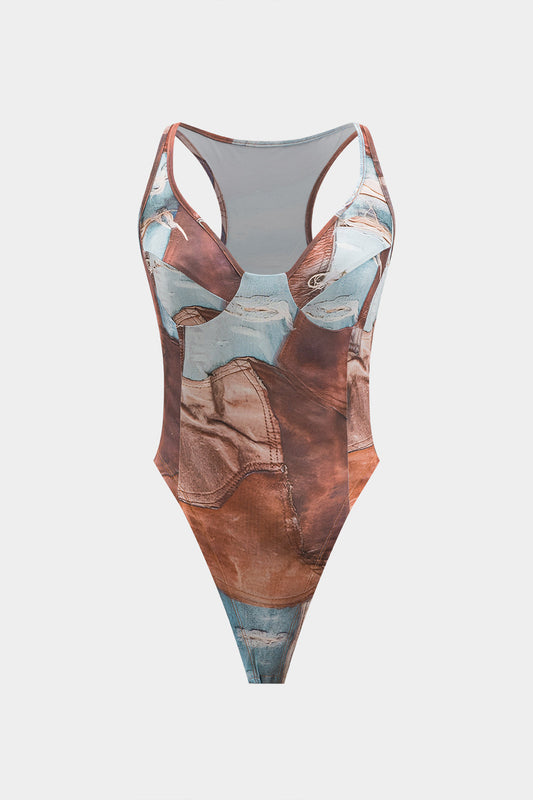 Vintage-Inspired Sleeveless Bodysuit with Contrast Print