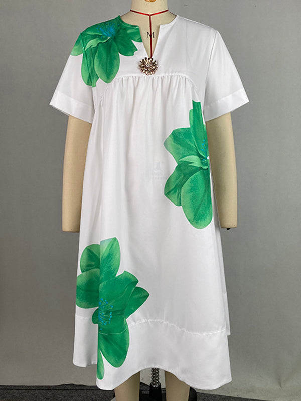 Beth-A-Line Loose Flower Print Pleated V-Neck Midi Dresses