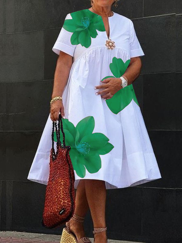 Beth-A-Line Loose Flower Print Pleated V-Neck Midi Dresses