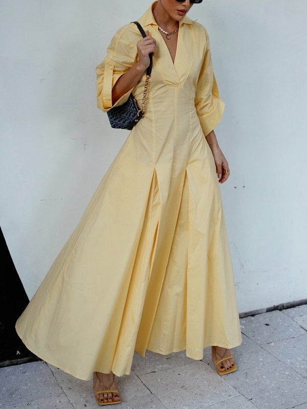High-Waisted A-Line Pleated Maxi Shirt Dress