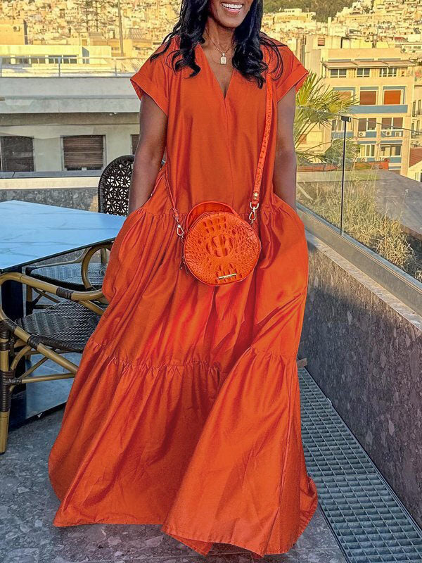 Loose V-Neck Pleated Maxi Dress with Pockets