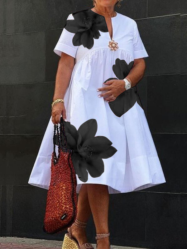 Beth-A-Line Loose Flower Print Pleated V-Neck Midi Dresses