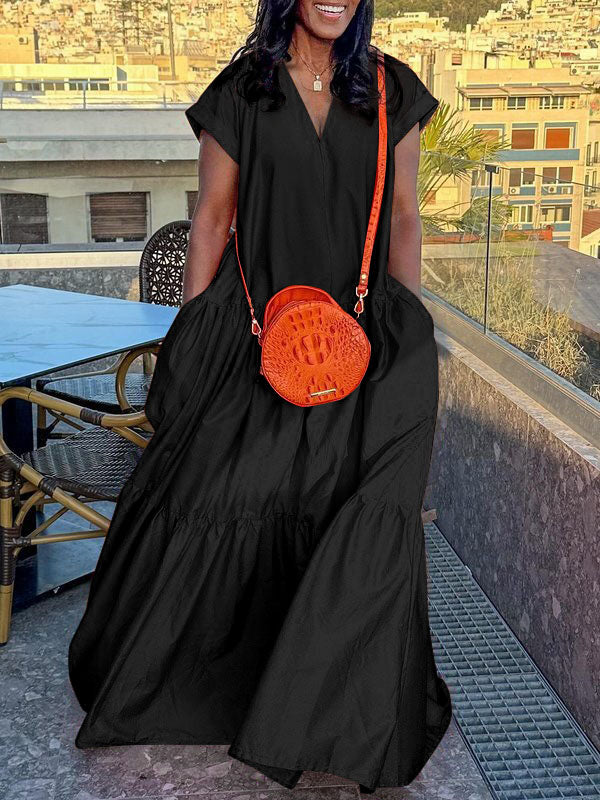 Loose V-Neck Pleated Maxi Dress with Pockets
