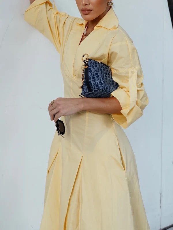High-Waisted A-Line Pleated Maxi Shirt Dress