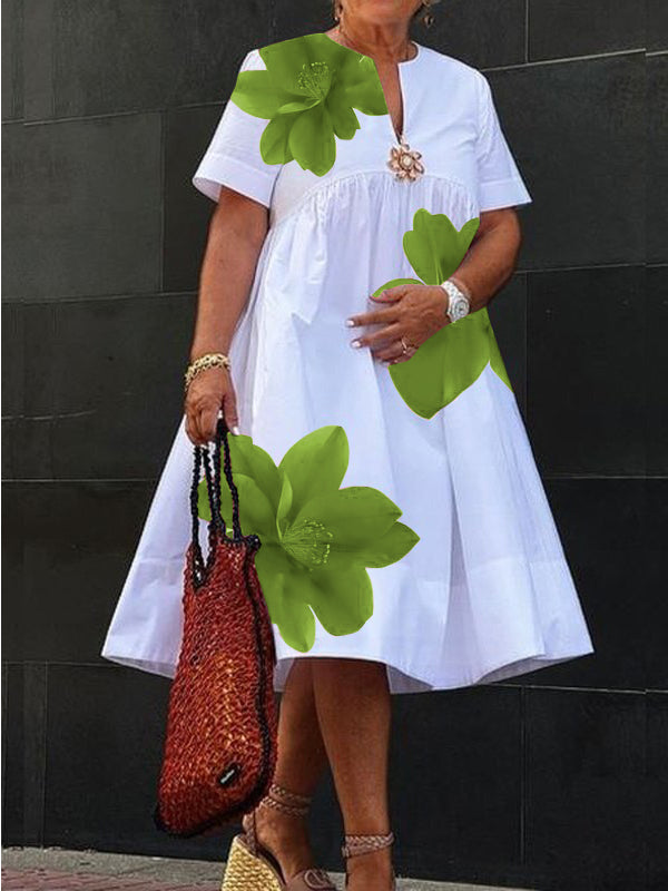 Beth-A-Line Loose Flower Print Pleated V-Neck Midi Dresses