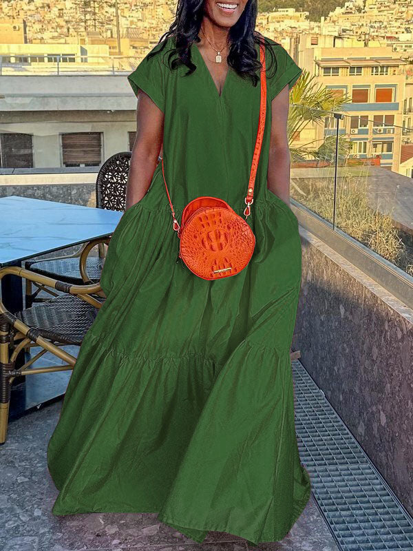 Loose V-Neck Pleated Maxi Dress with Pockets
