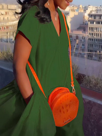 Loose V-Neck Pleated Maxi Dress with Pockets