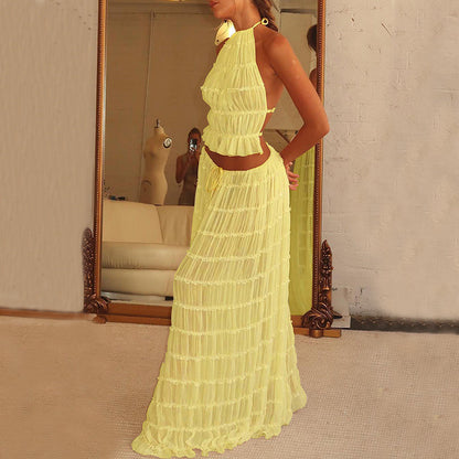 Sexy Crop Top and Flowing Pleated Skirt Set