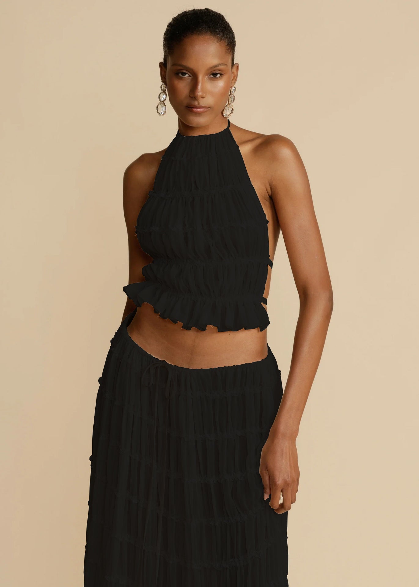 Sexy Crop Top and Flowing Pleated Skirt Set