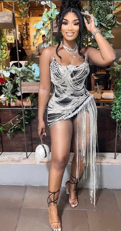 Talia-Rhinestone Corset  Fringed Dress