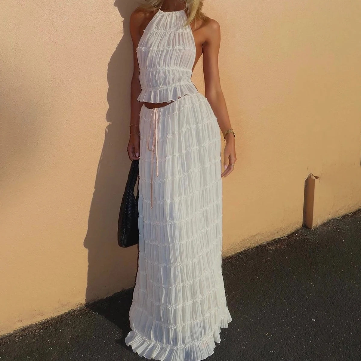 Sexy Crop Top and Flowing Pleated Skirt Set