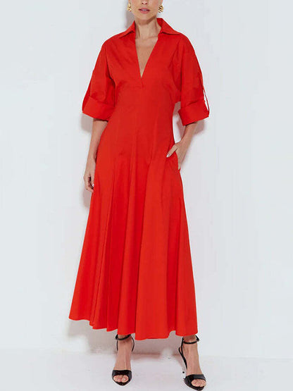 High-Waisted A-Line Pleated Maxi Shirt Dress