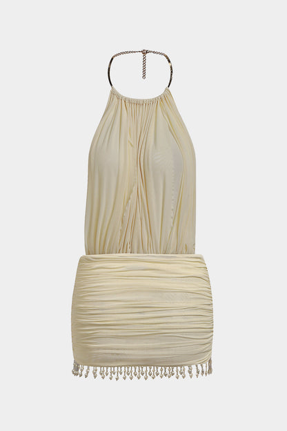 Pearl Ruched Mesh Halter Mini Dress
