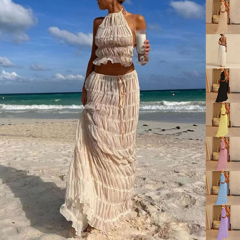Sexy Crop Top and Flowing Pleated Skirt Set