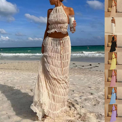 Sexy Crop Top and Flowing Pleated Skirt Set