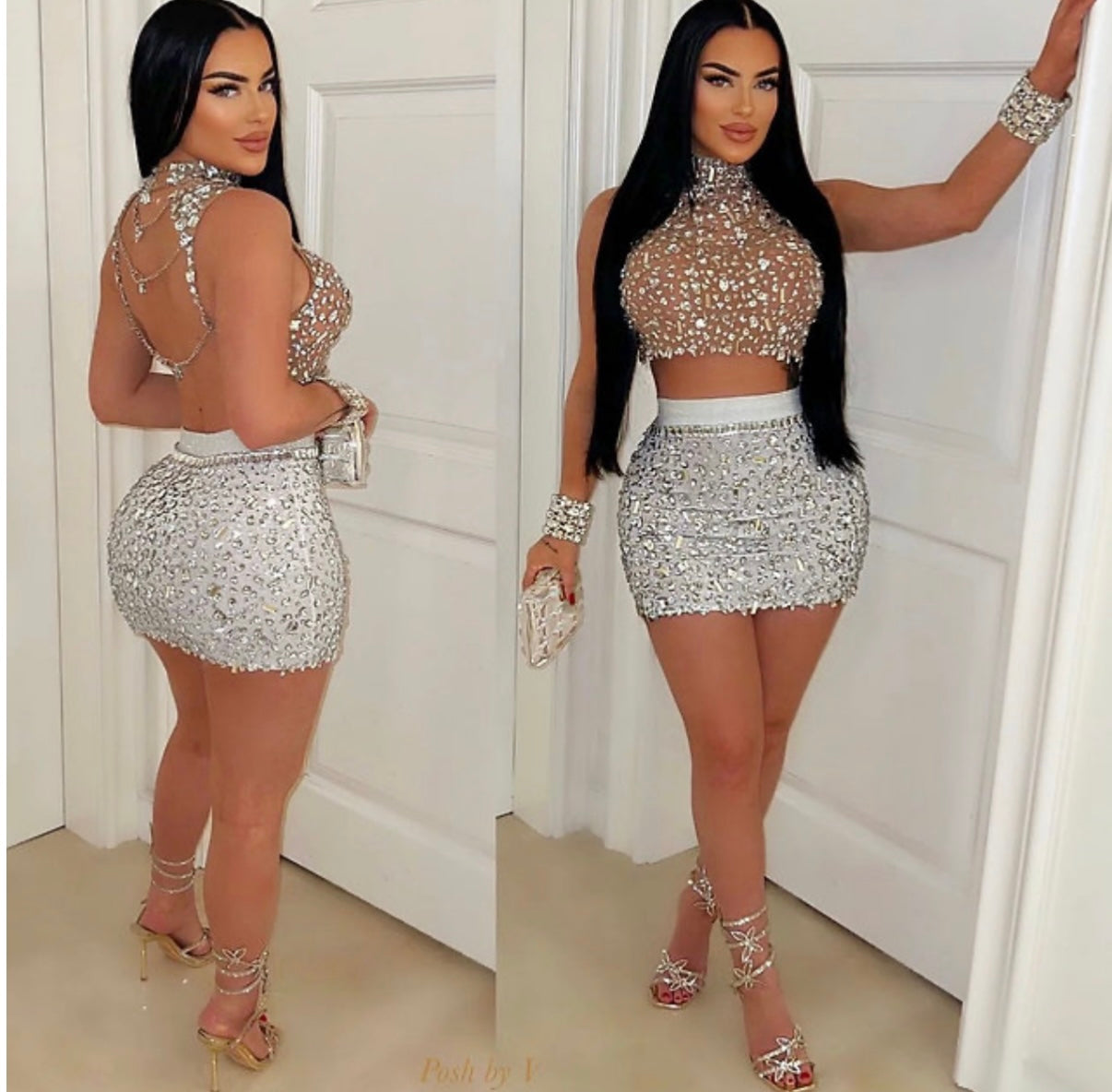 Embellished Mesh Tea-Length Set