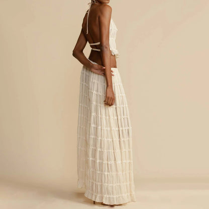 Sexy Crop Top and Flowing Pleated Skirt Set