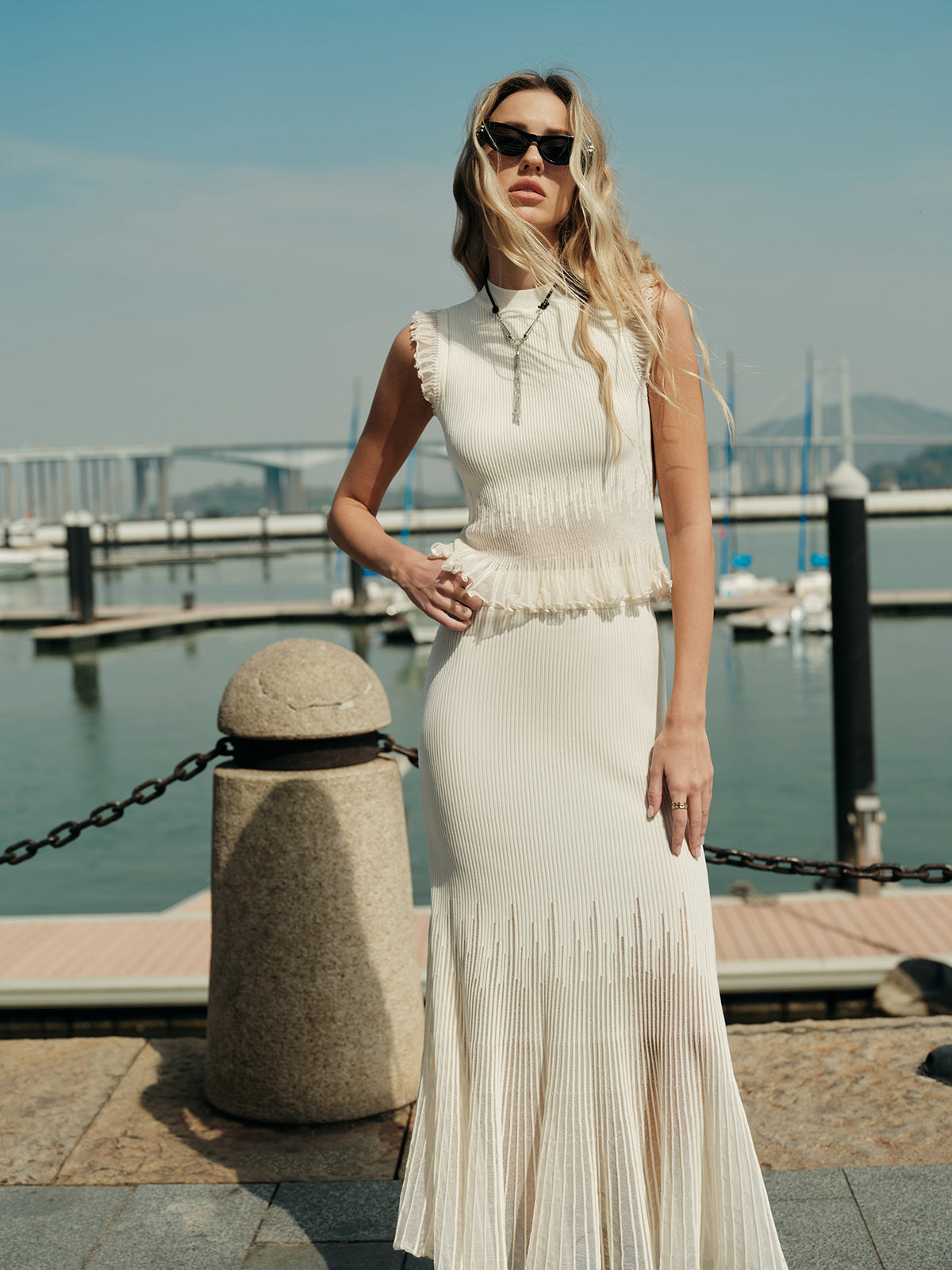 Dana-Pleated Skirt with Mesh Panel Detail