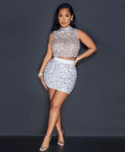 Embellished Mesh Tea-Length Set