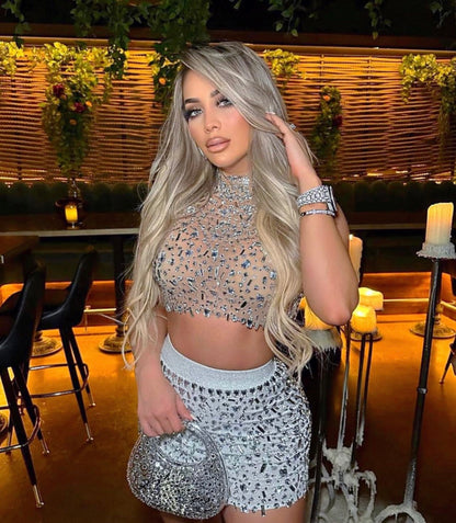 Embellished Mesh Tea-Length Set