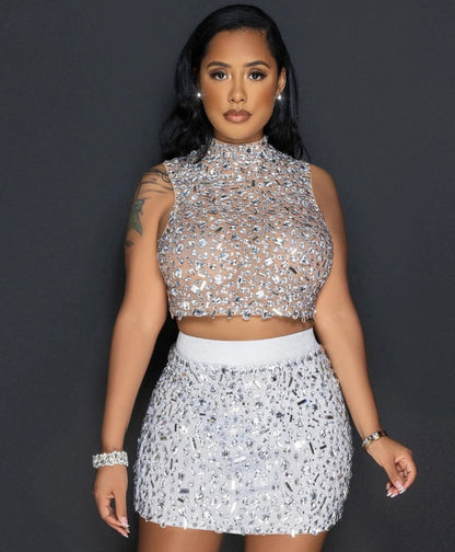 Embellished Mesh Tea-Length Set