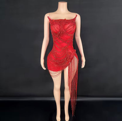 Talia-Rhinestone Corset  Fringed Dress