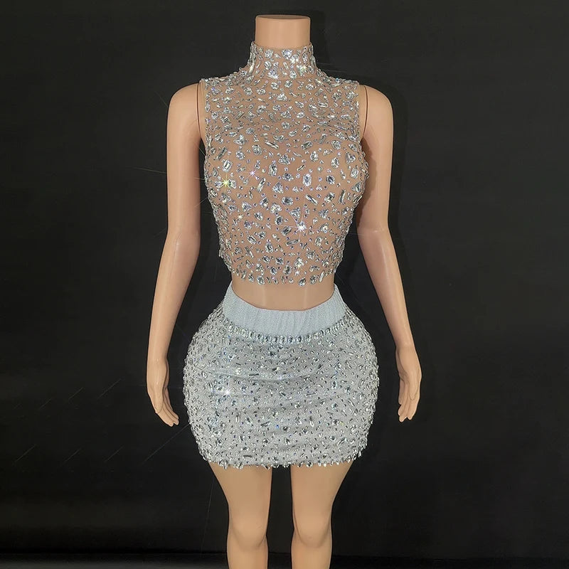 Embellished Mesh Tea-Length Set