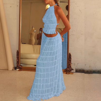 Sexy Crop Top and Flowing Pleated Skirt Set